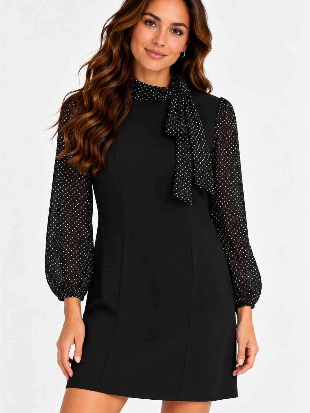 Calvin Klein Size 4 Black Polka Dot Chiffon Sleeve Tie Neck Dress